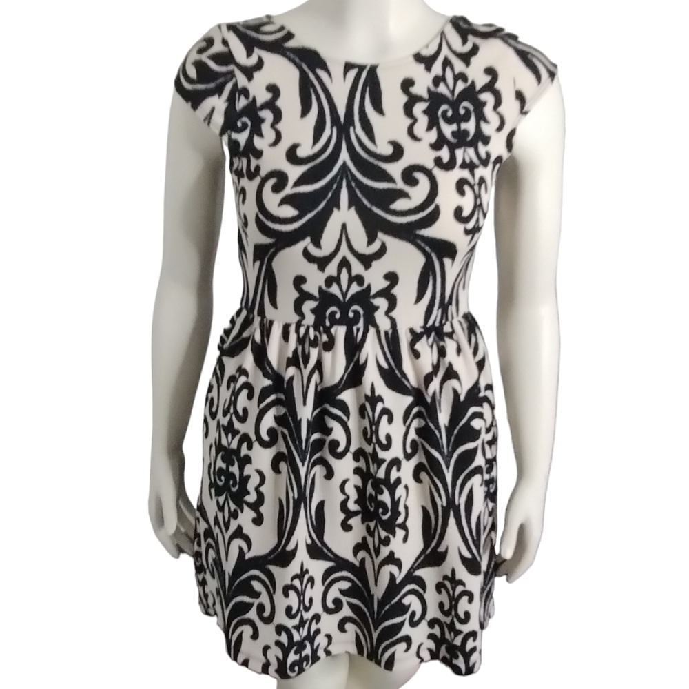 Buttons Stretch Mini Lined Dress Women's Size LARGE Creme & Black Casual, Party